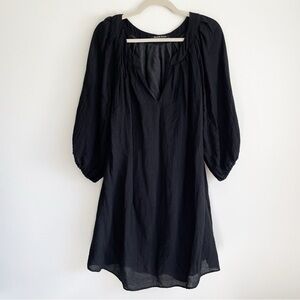 Black Halo peasant sleeve v neck dress solid black gauzy  shirt dress mini 10